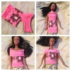 four pictures of a barbie doll wearing pink and brown clothing