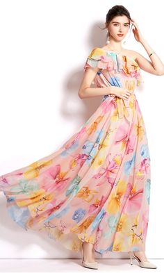 Long Flowy Dresses, Vestidos Maxi, Flowy Dresses, Long Dress Casual, Chiffon Ruffle, Curvy Dress, 50's Dress, Girl Dresses, Plus Size Dress