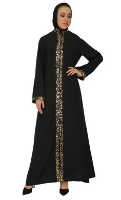 Beautiful Front Embroidered Sequin Abaya Dress - EastEssence.com Sequin Long Sleeve Abaya For Eid, Bridal Abaya, Front Open Abaya, Stylish Abaya, Black Abaya, Kaftan Style, Maternity Gowns, Abaya Dress, Modest Wear