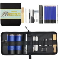 the drawing kit is packed with pencils and markers