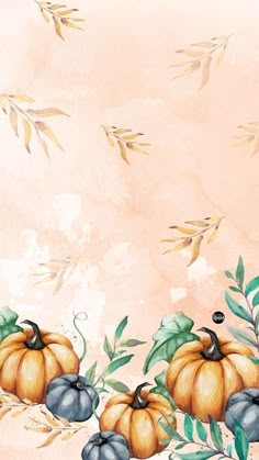 a painting of pumpkins and leaves on a pink background