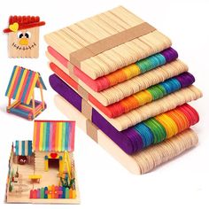 a stack of wooden toys with different colors and shapes