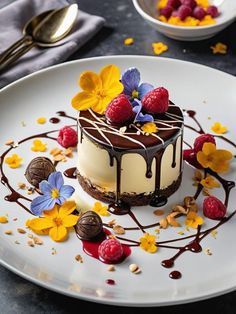 a white plate topped with a cake covered in chocolate and raspberry toppings