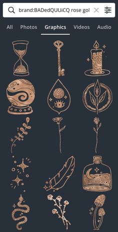 an image of various items that are drawn in gold on a black background with the words,