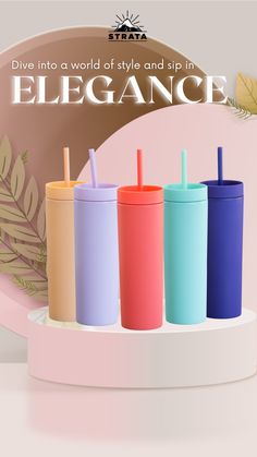 three different colored cups with straws in them and the words elegance written on it