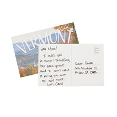 two postcards with writing on them, one has an image of vermont and the other is