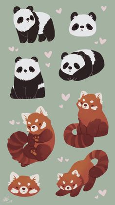 pandas and other animals with hearts in the background