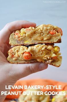 a hand holding two peanut butter cookies in front of an orange plate with the words, levin bakery - style peanut butter cookies