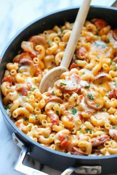 a skillet filled with macaroni and cheese