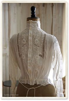 Vintage White Blouse With Intricate Embroidery, Fitted Vintage Blouse With Intricate Embroidery, Vintage Fitted Blouse With Intricate Embroidery, Vintage Wedding Blouse With Floral Embroidery, Victorian Lace Work Blouse For Wedding, White Victorian Blouse For Wedding, Edwardian Blouse