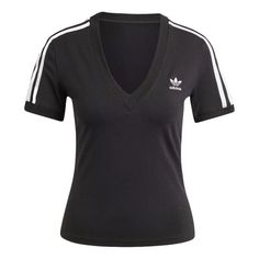 (WMNS) adidas 3-Stripes V Neck Slim T-shirt Asia Sizing 'Black ' IU2416 Adidas 3 Stripes, V Neck Tshirt, Dream Outfits, V Neck Shirt, Neck Shirt, Black Shirt, Stripes, Adidas, V Neck