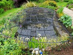 a bird cage sitting on top of a lush green field