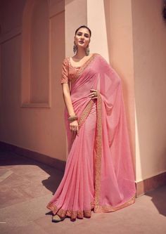 Pink Saree in Georgette with Stitched Blouse For Girls and Women Sari Embroidery Border, Simple Sarees, Indian Bridal Wear, Indian Lehenga, Designer Sarees Online, Elegant Saree, Saree Shopping, Dress Indian Style, Wedding Saree