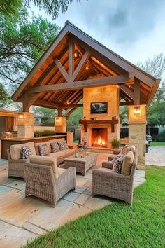 50+ Creative Covered Patio Ideas Attached to House with Fireplace Backyard Layout, Backyard Pavilion, Camper Living, Outside Patio