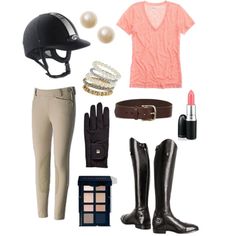 a woman's outfit with riding gear and accessories