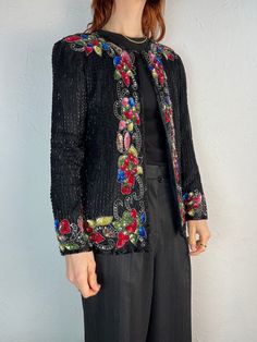 "- Vintage 90s Silky Nites sequin beaded jacket - 100% silk with rayon lining  - Made in India - Tagged S Chest: 19\" Length: 25\" Sleeve: 23\"" Embellished Long Sleeve Silk Outerwear, Silk Sequined Long Sleeve Outerwear, Vintage Beaded Outerwear For Spring, Beaded Vintage Outerwear For Spring, Spring Vintage Beaded Outerwear, Spring Beaded Outerwear For Parties, Spring Party Beaded Outerwear, Evening Jacket, Beaded Jacket