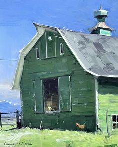 a painting of a green barn with a chicken in the window