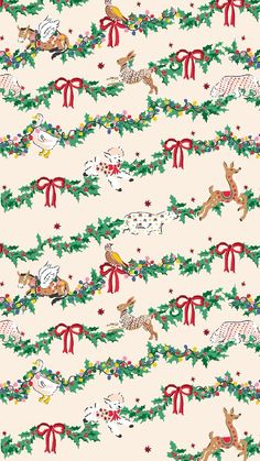 a christmas pattern with deers, holly and bows on a cream background that is very similar to santa claus's sleigh