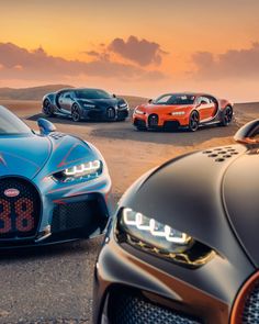 the bugatti cars are lined up in front of each other on a desert road