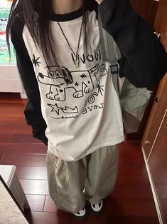 size: L, Color: Black And White Preppy Style Casual, Styl Grunge, Preppy Mode, Oversized Clothes, Japan Kawaii, Raglan Sleeve Top, 일본 패션, Y2k Tops, Oversized Streetwear