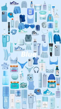 a blue poster with many different items on the top and bottom, all in various colors