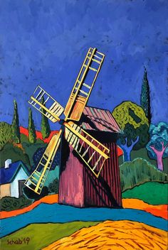 a painting of a windmill with trees in the background