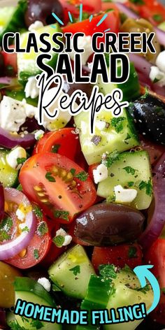 a salad with tomatoes, cucumbers, olives and feta cheese