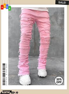 Men Summer Fashion Casual Solid Color Raw Hem Ripped Denim High Rise Distressed Pink Jeans, Pink High Rise Distressed Jeans, Trendy Ripped Pink Jeans, Urban Jeans With Zipper Closure For Spring, Urban Spring Jeans With Zipper Closure, Pink Denim Jeans For Streetwear, Spring Jeans For Streetwear, Pink Ripped Cotton Jeans, Pink Ripped Denim Jeans