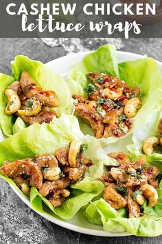 chicken lettuce wraps on a white plate with text overlay that says cashew chicken lettuce wraps