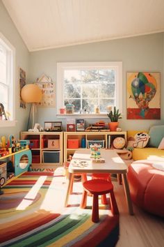 a child's playroom with colorful rugs and toys on the floor in front of a window