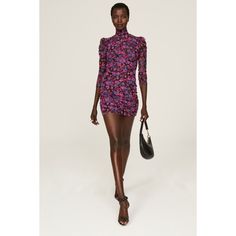 Purple floral mesh (95% Polyester, 5% Spandex). Sheath. Long sleeves. Mock neck. Pull on. 33" from shoulder to hemline. Made in the USA of imported fabric. Stormi Dress, Weekend Games, Rent The Runway, Closet Designs, Sheer Sleeves, Floral Mini Dress, Purple Floral, Lightweight Fabric, Step Up