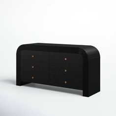 a black dresser with gold knobs on the top and bottom drawers, against a white background