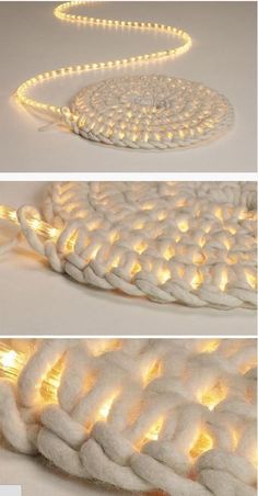 two pictures of white rope with lights on them