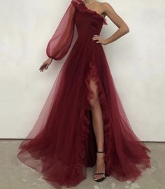 Girls Graduation Dresses, Prom Dress One Shoulder, Tulle Prom Dress Long, One Shoulder Evening Dress, Burgundy Evening Dress, Dress Designing, One Shoulder Prom Dress