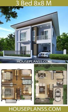 two story house plan with 3 beds 8x8 m in the front and an attached garage