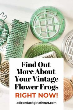 the words find out more about your vintage flower frog's right now are in front of various hair brushes and combs