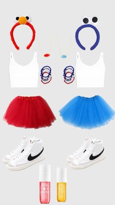 an assortment of clothing and accessories including tennis shoes