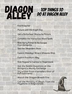 the top things to do at dragon alley info sheet on brick wall with text overlay