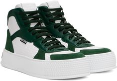 High-top buffed calfskin, grained calfskin, and calfskin suede sneakers in white and green. · Perforated detailing throughout · Lace-up closure · Logo patch at padded tongue · Padded collar · Logo flag at outer side · Pull-loop at heel tab · Rubberized logo patch at heel · Treaded rubber platform sole · Platform: H1.75 Supplier color: White/Green Green Leather High-top Sneakers With Perforated Toe Box, Green Casual Calf Leather Sneakers, Custom Green Leather Sneakers With Perforated Toe Box, Green Calf Leather Sneakers With Rubber Sole, Green High-top Sneakers With Rubber Heel Cap, Green Sneakers With Contrast Sole In Calf Leather, Green Sporty High-top Sneakers With Rubber Heel Cap, Sporty Green High-top Sneakers With Rubber Heel Cap, Green Calf Leather Sneakers With Contrast Sole