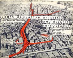 an aerial view of a city with red roads and orange lines in the center, as well as text that reads across manhattan materials and related improvements