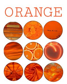 an orange poster with many different types of fruit on it's sides and the words orange written in large letters