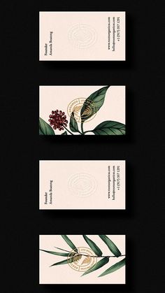 three business cards with leaves and flowers on them