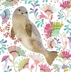 an illustration of a sea lion surrounded by colorful flowers and leaves on a white background