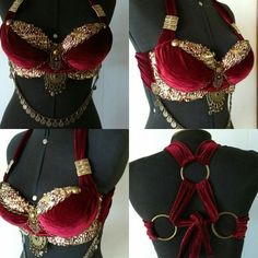 three pictures of a woman's red and gold corset with chains on it