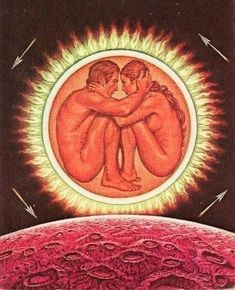 an image of two people hugging each other in the middle of a circle with arrows