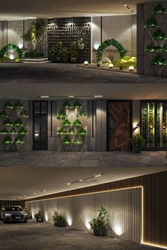 three different views of a building with plants growing on the walls and in the windows