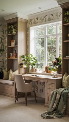 a home office with lots of plants in the window sill and on the desk