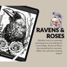 the raven and roses coloring book is open