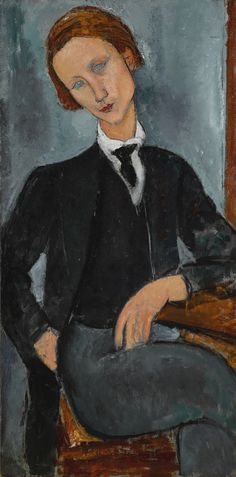 a painting of a man wearing a suit and tie sitting in a chair with his hands on his hips