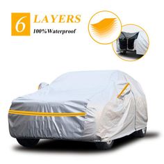 an image of a car covered in waterproof fabric with 6 layers on the side